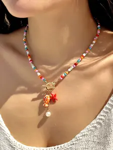 Boho Colorful Beaded Fish Pendant Necklace, Simple Fashion Lockbone Chain, Perfect for Parties and Vacations, Boho Style Jewelry, Trendy Jewelry