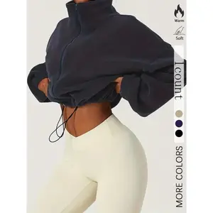 Women’s solid soft adjustable drawstring zip-up cropped hooded jacket, casual long-sleeve mock-neck fuzzy outerwear, spring and fall ladies’ clothing