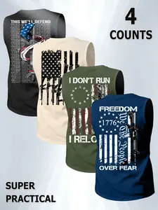 American Street Style Sleeveless Sports Vest, 4-Piece Set, Flag Gun Print, Trendy Men's Casual Sporty Fitted Backless Top, Sport Vests