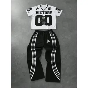 Unisex Fashion Birdseye Cloth Patchwork Short Sleeve + Long Pants 2 Piece Set, Streetwear Tracksuit Set, Casual Striped Sportswear, All Seasons