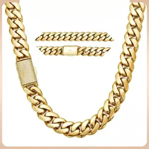 14K Gold-Plated Cuban Set"S" Logo Lock |   Waterproof, Rust-Proof, Everyday Streetwear Jewelry Gift necklace rap jewerly