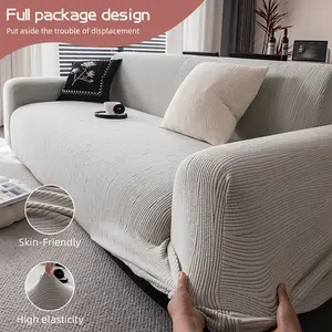 Plain Textured Stretchable Sofa Cover, High Elasticity Polar Fleece Pet-Friendly Couch Protector, Detachable Easy Clean, Elastic Sofa Slipcover