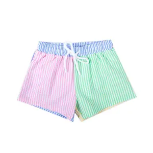 Colorblock Seersucker Swim Trunks - Striped Boys Swimsuit in Pink, Green, Yellow & Blue