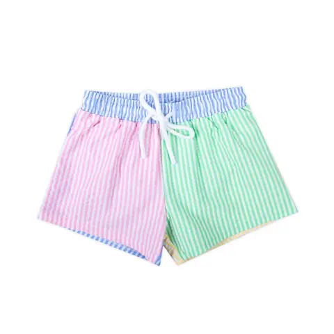 Boys' Colorblock Seersucker Swim Trunks - Childrens Swimwear, Colorful Stretchy Boy Swim Shorts in Pink, Green, Yellow, Blue
