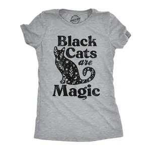 Womens Black Cats Are Magic T Shirt Cute Kitten Lovers Graphic Novelty Tee Halloween Top Funny Womens T Shirts Cute Vintage Fashion Casual Ladies T-Shirt Gift Halloween Tops for Women Funny Cat Top Women's Light Grey