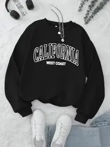 Women's California Print Pullover Sweatshirt, Casual Loose-Fit Street Style, Thickened Fabric for Fall & Winter, Daily Wear Essentials