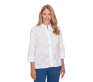 Alfred Dunner Petite Flower Embroidered Button Down Top