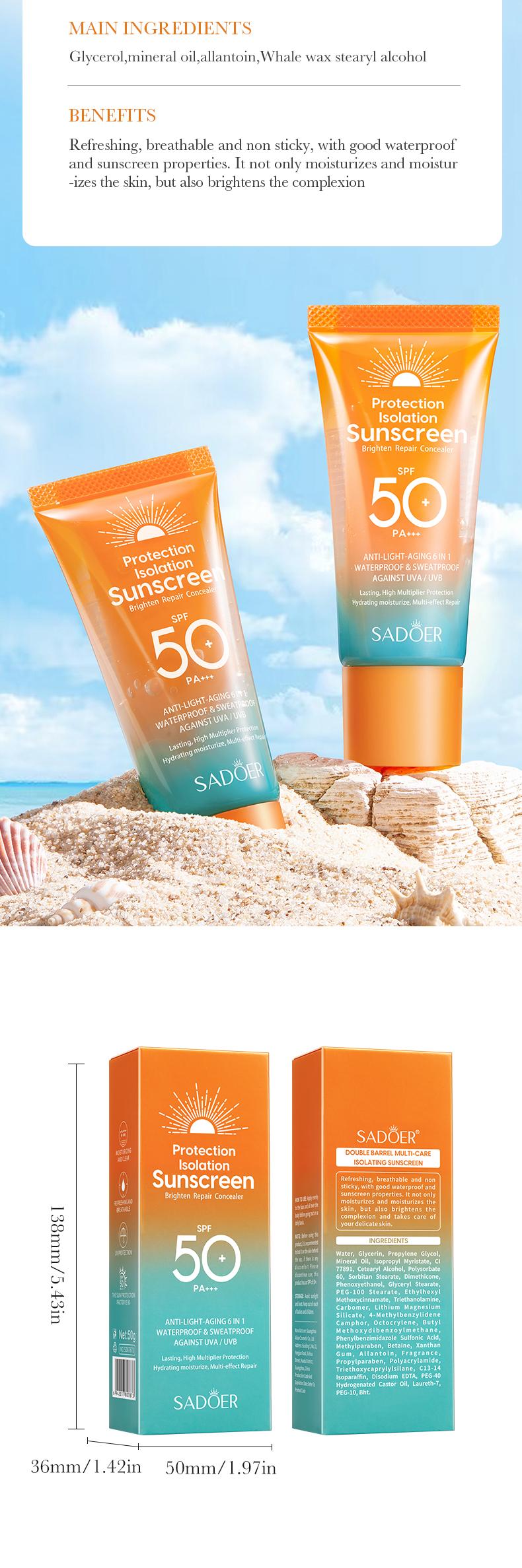 SADOER SPF50+ PA+++ Sunscreen for Face & Body – 6-in-1 Anti-Light-Aging, Waterproof & Sweatproof, Brightening Repair Concealer, No White Cast, Lightweight Non-Greasy SADOER SPF50+ PA+++ Sunscreen for Face & Body – 6-in-1 Anti-Light-Aging, Waterproof & Sweatproof, Brightening Repair Concealer, No White Cast, Lightweight Non-Greasy