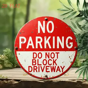 1pc Vintage No Parking Sign - 8 Inch Round Aluminum Metal Wall Decor with "Do Not Block Driveway" Warning, Red/White Retro Design for Indoor/Outdoor Use - Farmhouse, Cafe, Front Door & Garden Decoration, Easy Hook Installation, Classic Style, Handcrafted