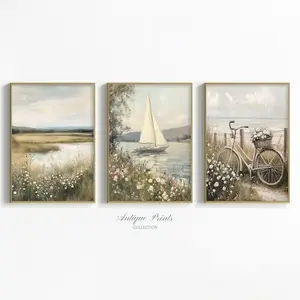 Neutral Set of 3 Spring Wall Art, Printable Wildflower Prints, Country Field Landscape, Farmhouse Floral Spring Decor Poster