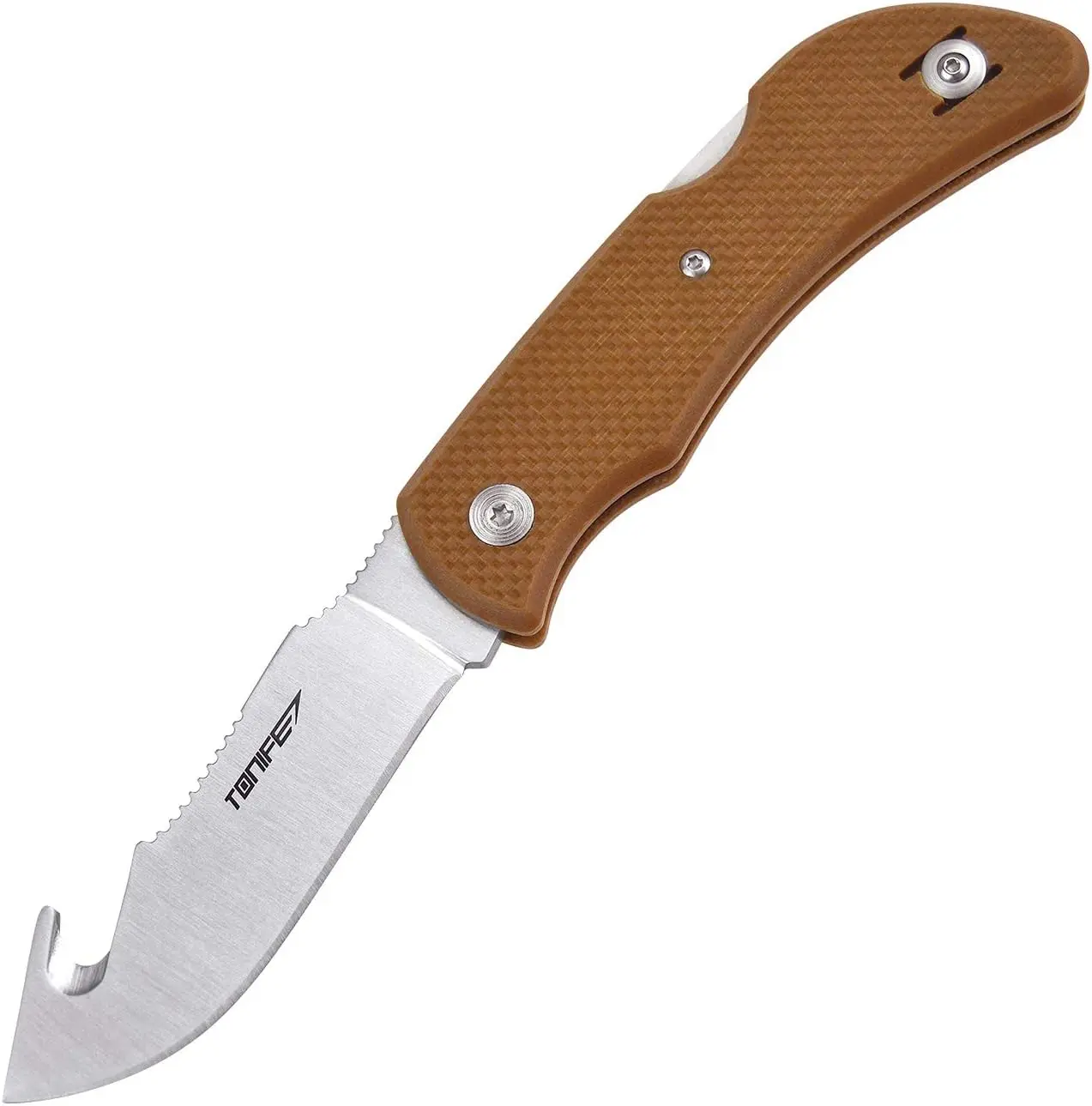 Rhinoceros Grip Hook Folding Skinning Hunting Knife with Aus-8 Stainless, Camping Pocket Knife with G10 Handle Pocketclip (brown)