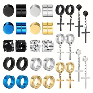 Magnetic Earrings 15 Pairs Stainless Steel Clip-On CZ Hoop Pendant Non-Pierced Unisex Stylish No Piercing Design Light Easy Wear Classic Simple Style Versatile Gift
