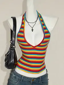Fashion Rainbow Striped Backless Short Top, Deep V Neck Tight Sleeveless Summer Vest, Halter Crop Top, Stylish Casual Flattering Sleeveless Wear for Women, Perfect for Summer