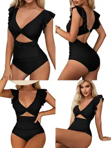Women'sTummyControlOnePieceSwimsuit Ruffle Sleeve V Neck Cutout Bathing Suit Twist Front Slimming High Cut Backless Monokini Sexy Swimwear for Women Trendy Summer 2026 BeachwearOutfit High Waisted Shaping Swimsuit Push Up Support Vacation Pool Party Suit