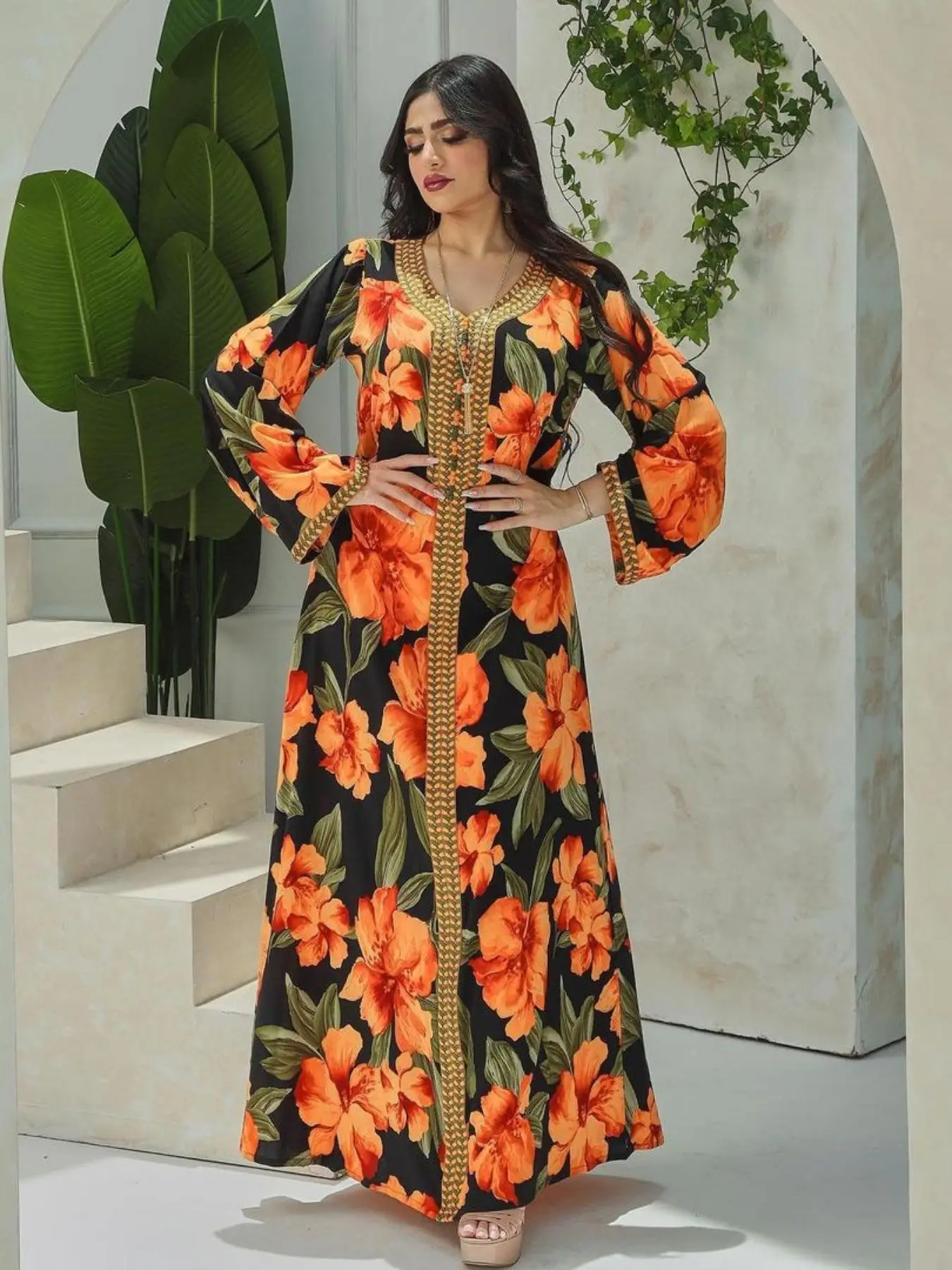 Arabic Clothing-Floral Print Contrast Binding Dress, Modest Flounce Sleeve V Neck Arabian Dress for Daily Outdoor Wear, Women's Islamic Clothing for S