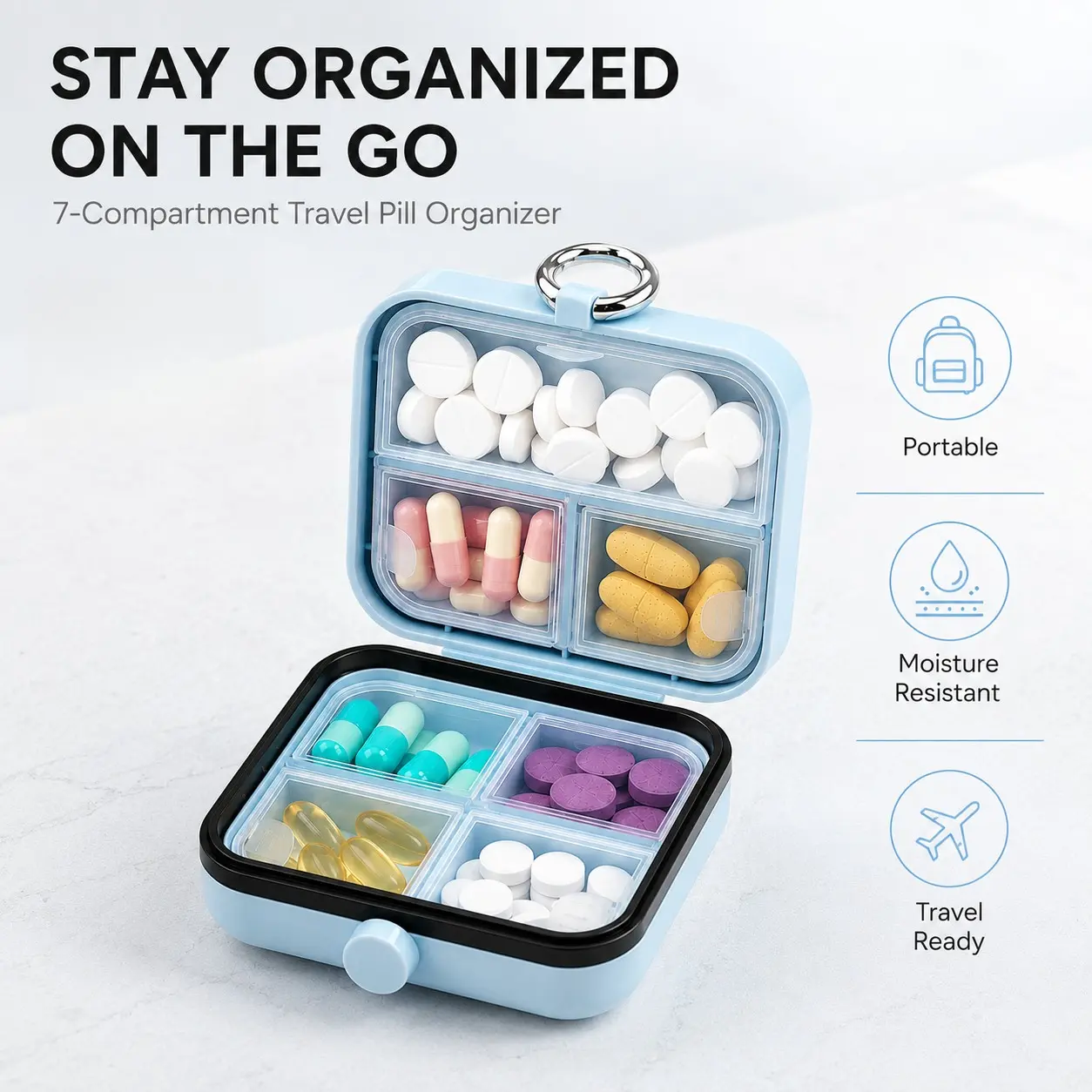 Portable 7-Compartment Pill Organizer with Double Seal, Travel Medicine Case for Vitamins, Supplements & Daily Medication