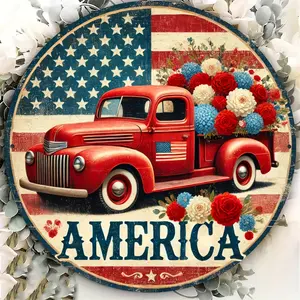 Patriotic Red Truck Metal Sign - 8X8 Inch Vintage Style With Floral Accents, Perfect For Front Door Wreaths & American Pride Celebrations
