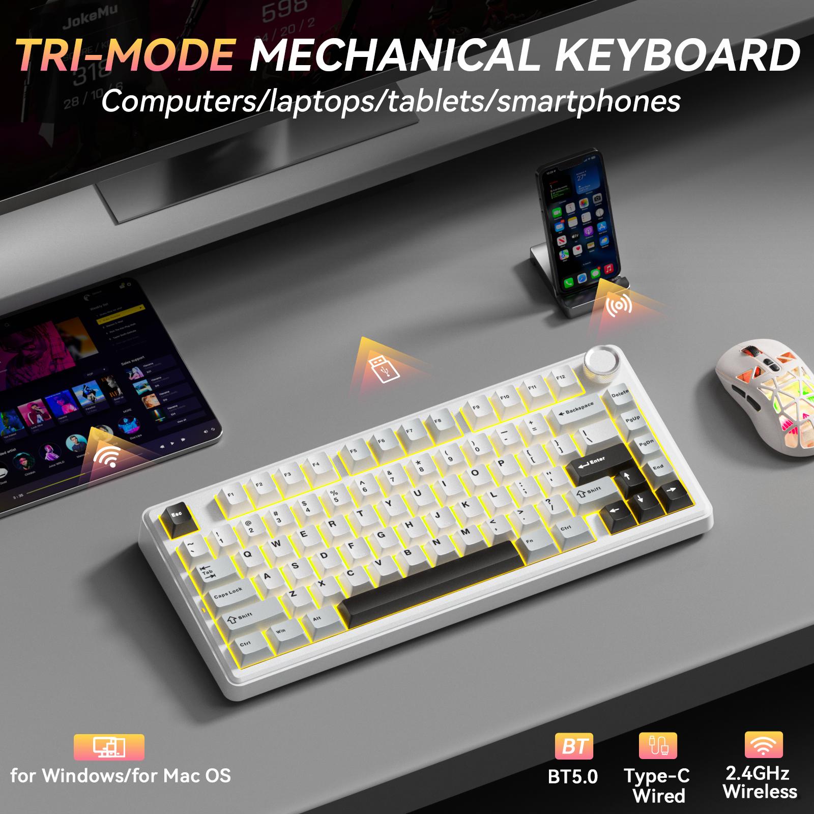 SOLAKAKA A75 75% Wireless Mechanical Keyboard – Hot-swappable RGB gaming keyboard with a sealed design, smooth feel, PBT keycaps, and rotary controls. A creamy keyboard suitable for PC/Mac gaming devices. SOLAKAKA A75 75% Wireless Mechanical Keyboard – Hot-swappable RGB gaming keyboard with a sealed design, smooth feel, PBT keycaps, and rotary controls. A creamy keyboard suitable for PC/Mac gaming devices.