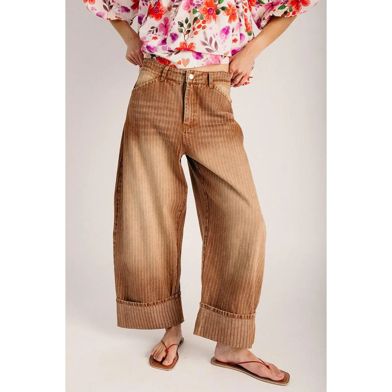 The Judith Striped Carpenter Culottes in Washed Brown