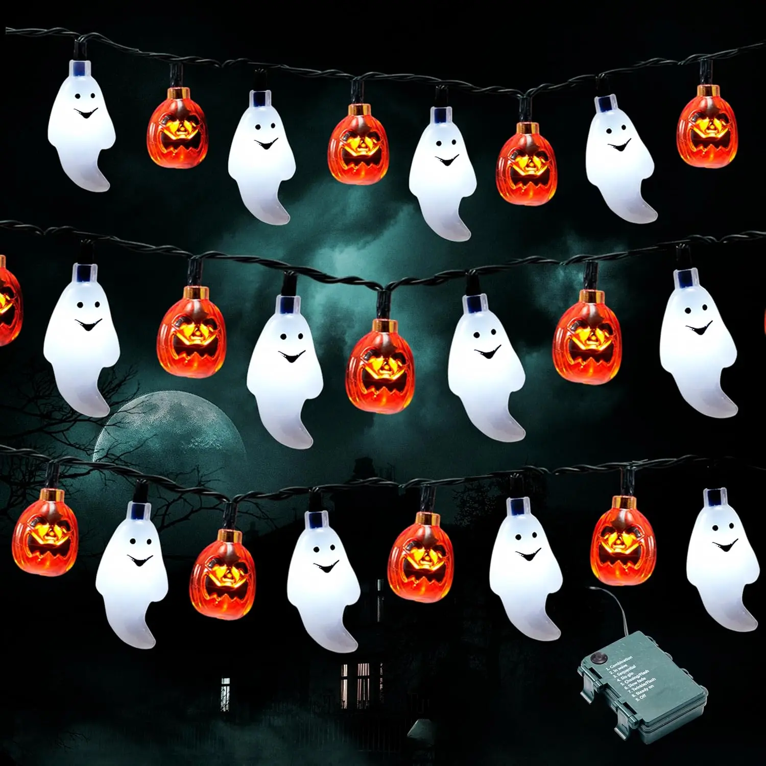 Halloween String Lights Decorations, 19.7FT 30 LED Battery Operated Ghost Pumpkin 3D String Light with 8 Lighting Modes for Home Indoor Outdoor Halloween Party Decor(Orange/White Color)