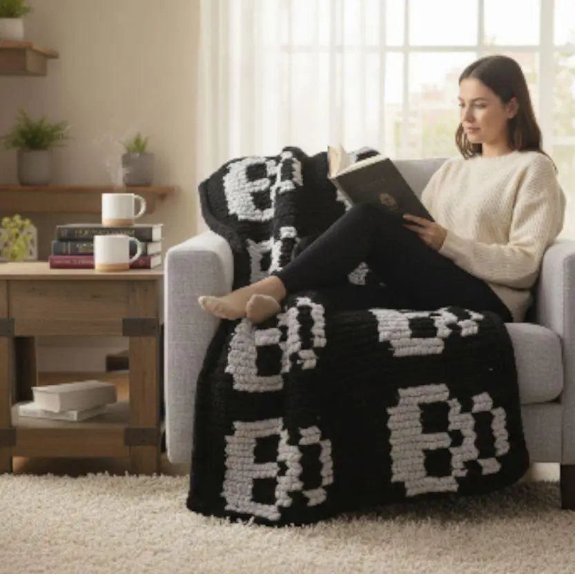 Midnight Skulls Chunky Knit Blanket Pattern | Wicked Warmth Original Design | Intermediate Level Step-by-Step Instructuons | Printed Physical Copy