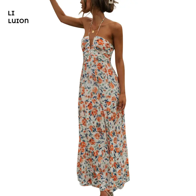 Women Long Dress, Elegant Sleeveless Tie-up Halterneck Floral Dress Summer Swing Dress For Vocatrion