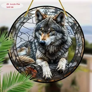 2D Flat, 2DFIAT, Not 3D, 1 Piece 2D Gray Wolf Round Acrylic Dream Catcher Hanging Ornament - Stained Glass Style Window Hanging Decoration, Suitable for Home and Garden Decoration, Perfect Choice for Bedroom, Porch |   Ideal Housewarming Gift
