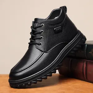 Senior men's genuine leather cowhide boots - Comfortable and warm wool-lined winter snow shoes, outdoor fashionable casual hiking shoes, solid color lace-up high-top boots, round toe, non-slip rubber sole 23675