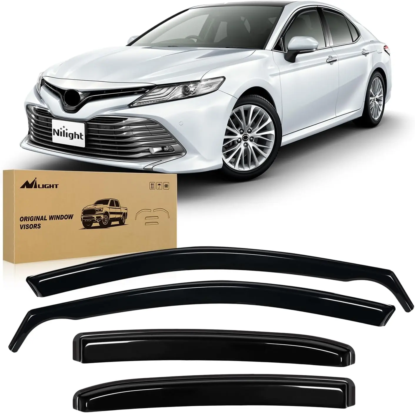 Nilight Shatterproof Black Acrylic Clip-On Side Window Deflectors for Toyota Camry 2018-2024, Automotive Vent Rain Guards for Rain Deflection & Fog-Free Rides, Car Exterior Accessories
