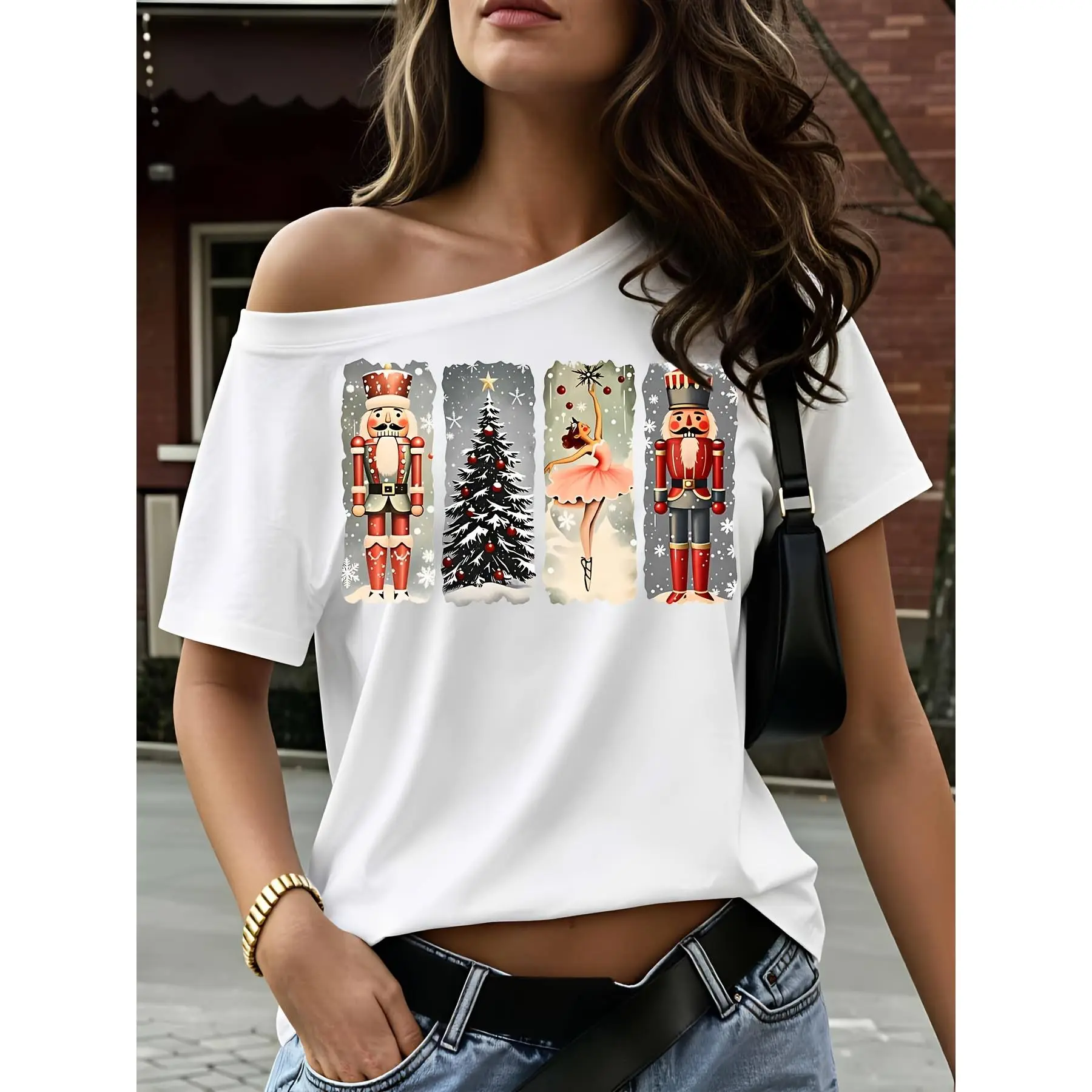Plus-size ,Nutcracker And Christmas Tree Print, Women's Off-The-Shoulder T-Shirt, Festive Holiday Season Design, Casual Winter Party Wear
