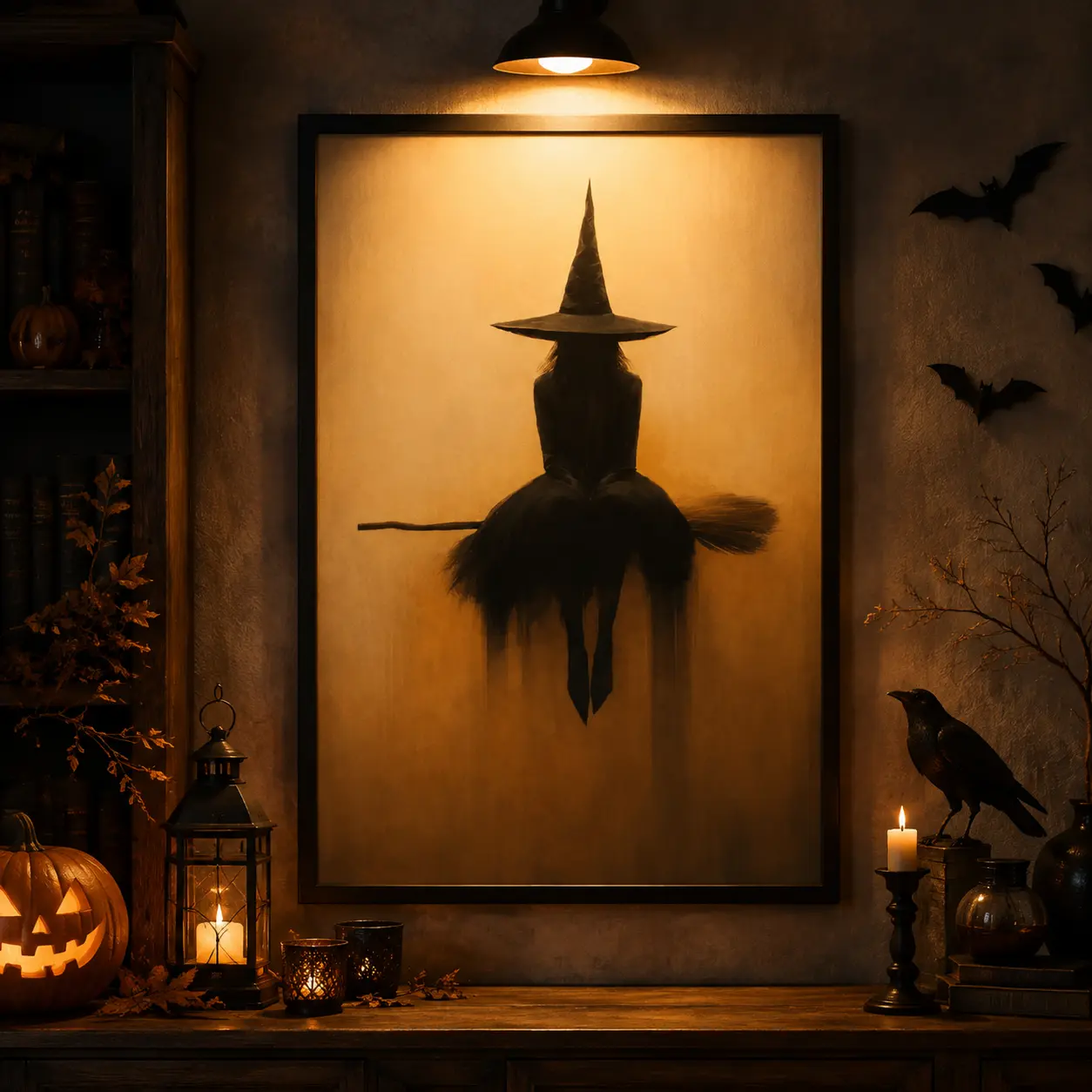 Witch Broom Canvas Wall Art, Beige & Black Minimalist Gothic Style Poster, Living Room Bedroom Decor, Halloween Gift for Home Office Hanging Decoration Kit
