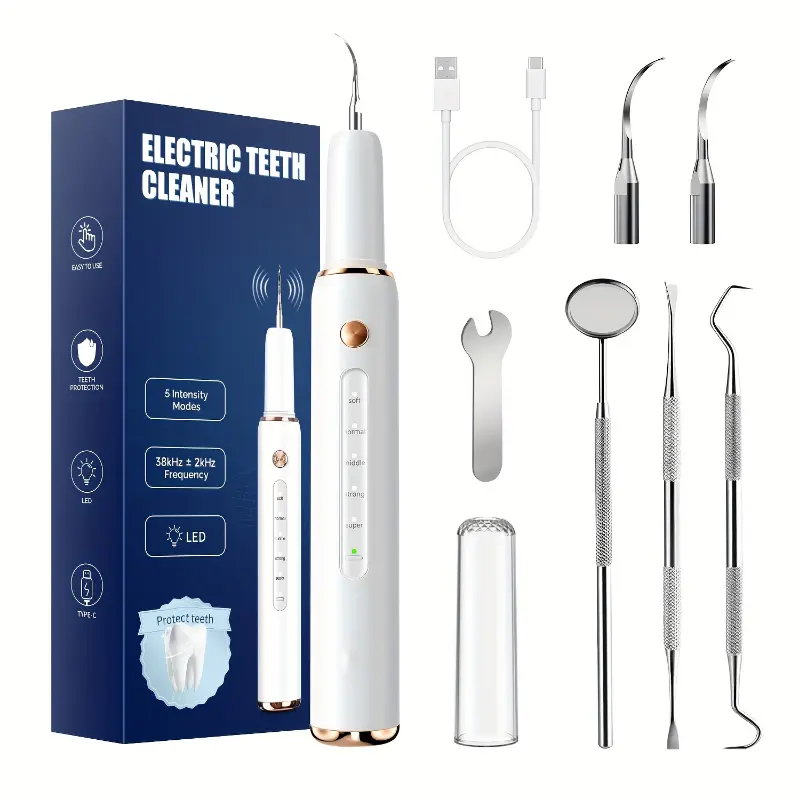 Rechargeable Tooth Cleaner with 5 Speed Modes, IPX6 Splash-Resistant, USB Charging, Mirror And 2 Interchangeable Tips, Tartar Cleaner for Clearing Gaps, Dental Cleaner with LED Light, Dental Cleaner for Stains And Tartar Removal