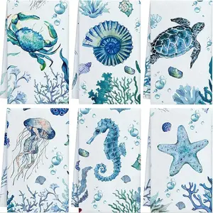 Sea Life Pattern Kitchen Towel, 6 Counts/set Water Absorbent Soft Towel, Decorative Tea Towel, Perfect Gift for Neighbor and Friend