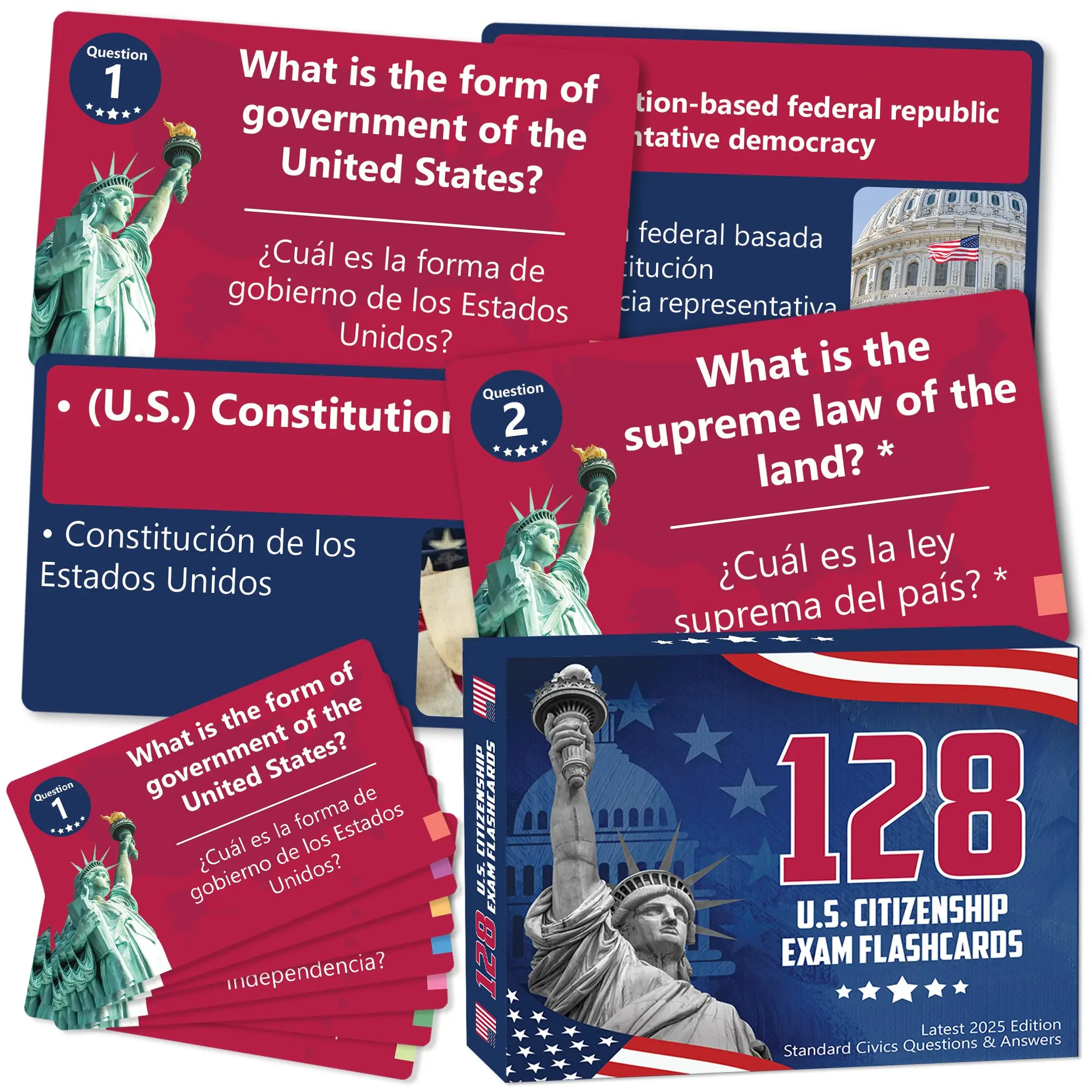 128 US Citizenship Flash Cards, 2027 Official USCIS Civics Test Questions & Answers, English & Spanish Bilingual Study Guide, Naturalization Test Prep, Tarjetas de Ciudadania 2027, Preguntas para La Ciudadania 2027