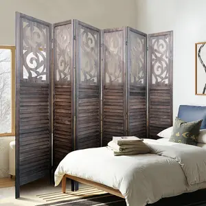 5.6ft Carved Wood Privacy Screen - Portable 6 Panel Room Divider for Aesthetic Home Decor
