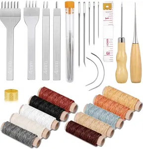 35 Pcs Leather Stitching Pouch Kit with 4mm Prong Sewing Hole Punch, Leather Sewing Tools, Waxed Thread and Large-Eye Stitching Needles for Beginner Leather Sewing Working Crafting Projects