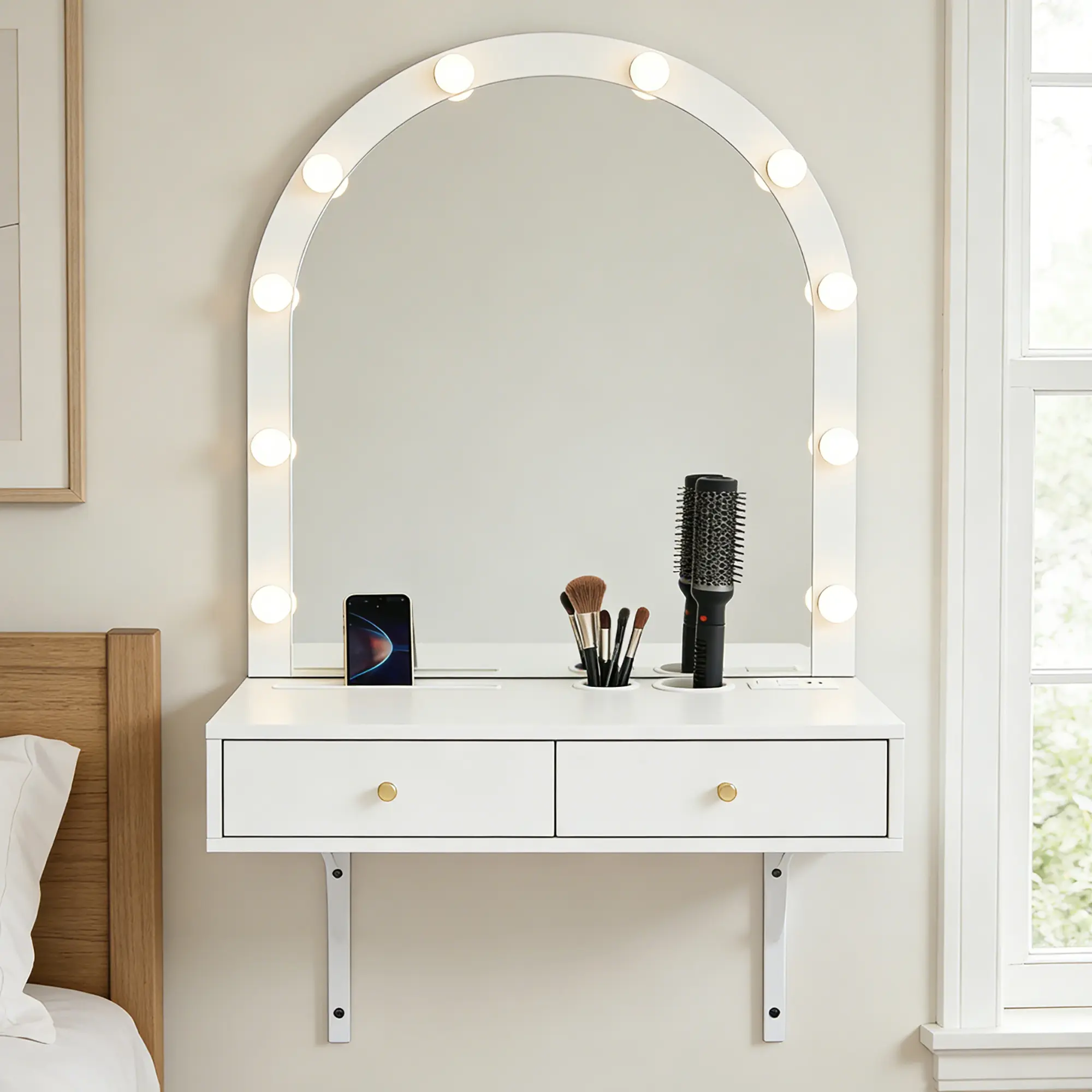 XUAN Floating Vanity Desk with Adjustable 3-Color Illuminated LED Bar Mirror, Wall-Mounted Indoor Furniture Table with Power Outlet, Large Storage Compact Vanity for Bathrooms