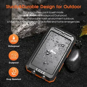 The LOZE 10,000 mAh solar power bank with dual USB ports, an LED flashlight, and a compass is a portable, waterproof power bank compatible with Samsung, iPhone, AirPods, and iWatch. Perfect for camping and traveling.