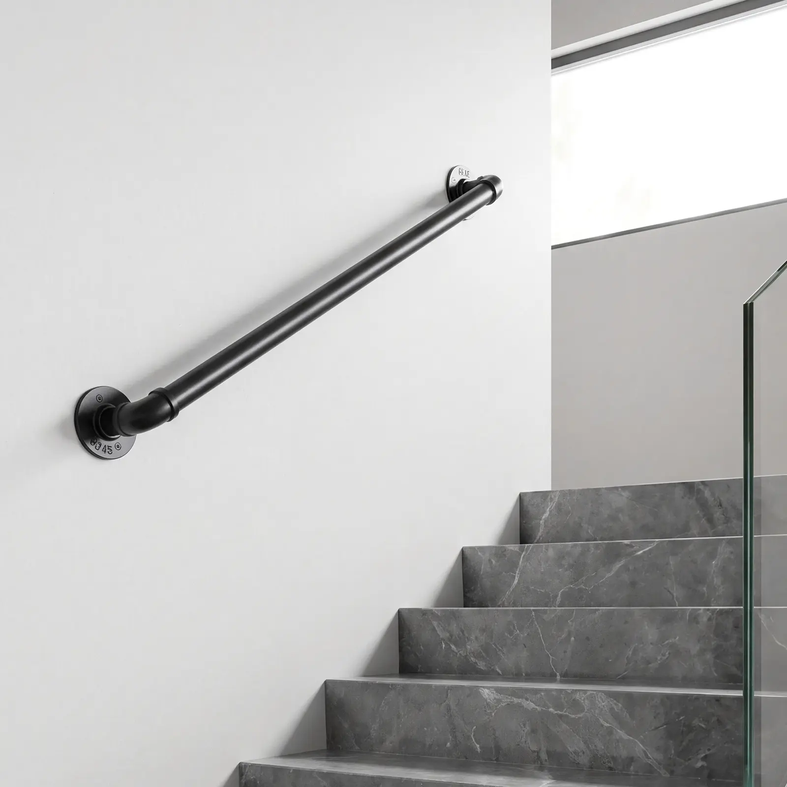 VEVOR Wall-Mounted Stair Handrail, 2 ft 440 lbs Load Black Metal Railing, for Indoor Steps, Loft, Porch & Hallways, Heavy-Duty Industrial Carbon Steel Hand Rail, Round Tube, with Mounting Hardware