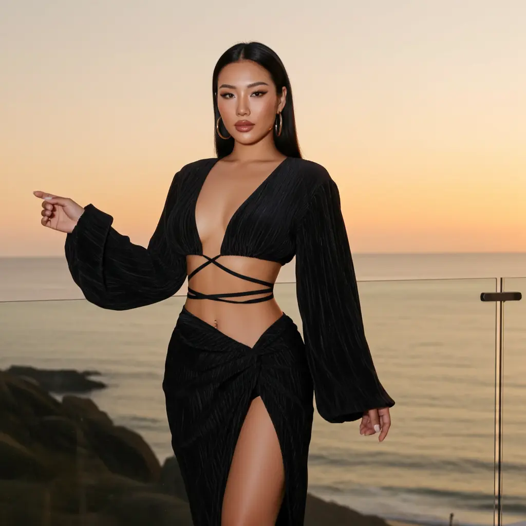 Black Two-Piece Crop Top V Neck Summer Vacation (Skirt Set)-Kasheer Royalty outfit  sets  women