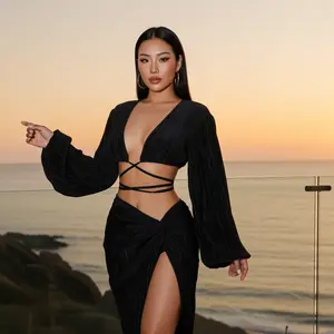 Black Two-Piece Crop Top V Neck Summer Vacation (Skirt Set)-Kasheer Royalty outfit  sets  women