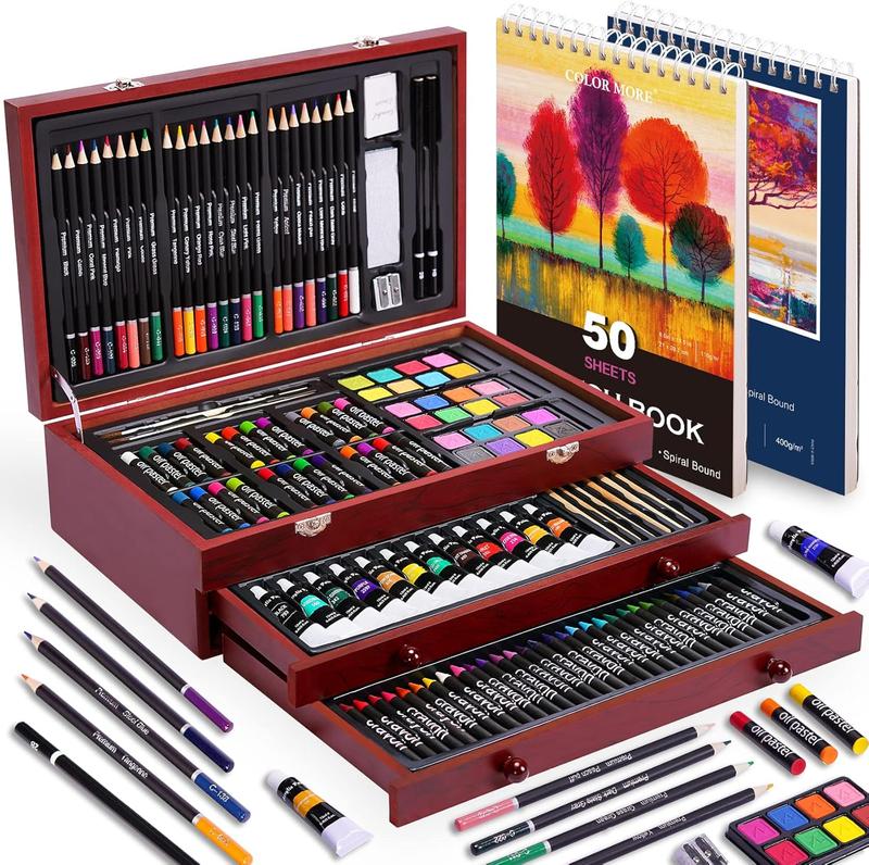 Color More 175-Piece Art Set in Wooden Case with Paints Pencils & Drawing Pads Fun Creative Kit for Kids & Teens Ideal for Artistic Expression