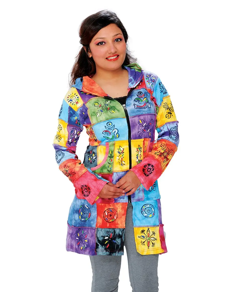 Caravan Closet Women's Longsleeve Cotton Hooded Jacket - Boho Vintage Handcrafted Multicolor Geometric Square Patchwork Outerwear, Casual Statement Clothes with Hooded Neckline, Dry Flat Care