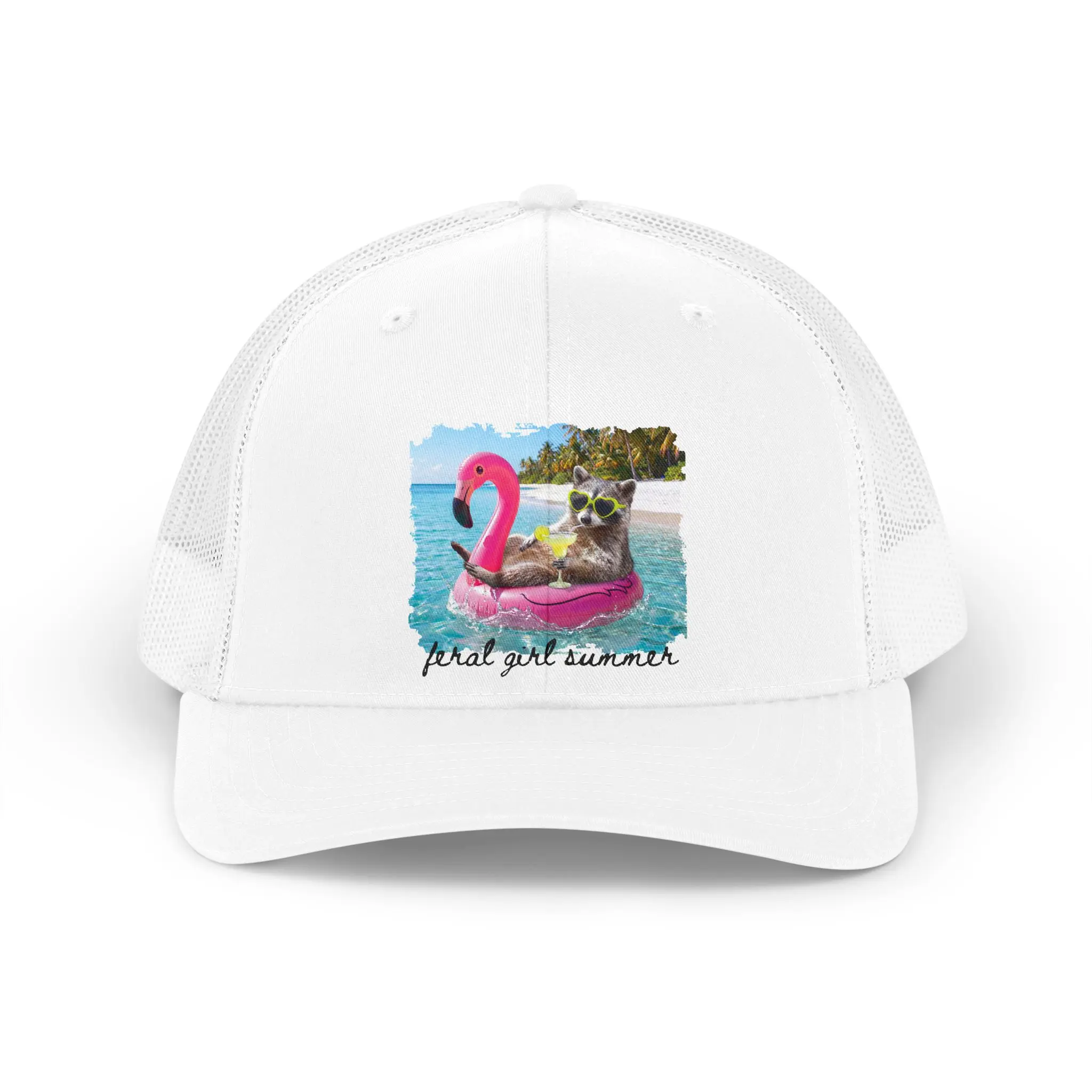 Flamingo Float Cat on Pool Trucker Hat | retro summer beach graphic