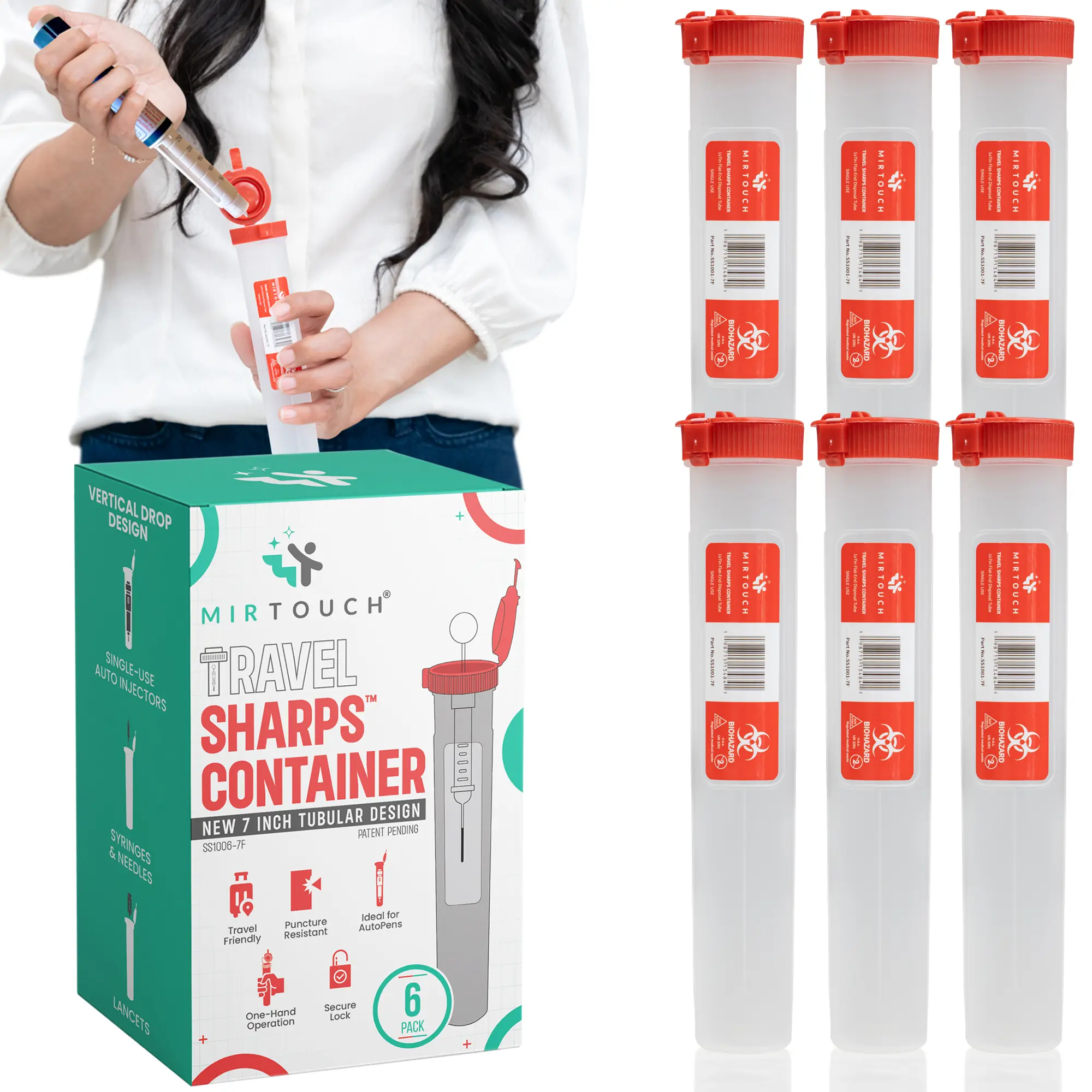 MirTouch Travel Sharps Container for Needles Syringes Auto Pens 7in Flat End Puncture Resistant One-Hand Operation 6-Pack Safe Disposal Healthcare Storage