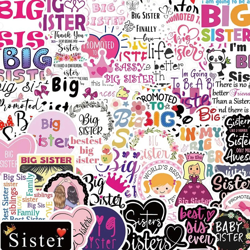 Big Sister Themed Sticker, 50pcs/set Creative Cartoon Decorative Sticker, DIY Decals for Water Bottle, Laptop, Phone Case, Scrapbooking, Journal Making, Screen Protector