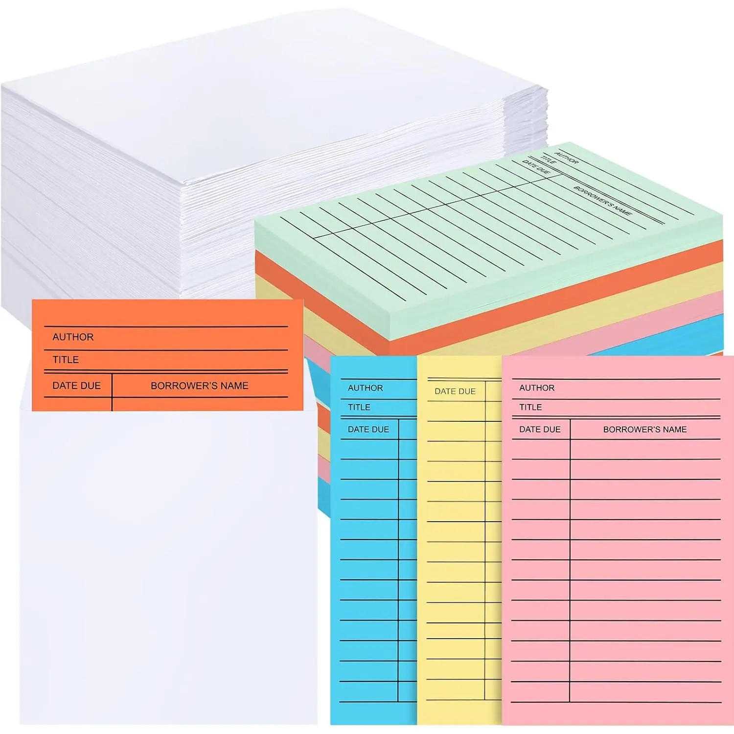 500 count Library Card Pockets Book Pockets Self Adhesive Due Date Cards for Book Checkouts, Cds, DVDs, Classroom Supplies(Color Card, White Envelope)