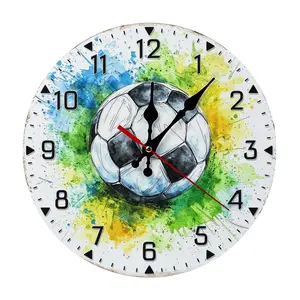 25cm/9.8" Watercolor Soccer Ball Silent Wall Clock, Vibrant Sports Non-Ticking Battery Operated Clock, Kid-Friendly MDF Wood Clock for Boys Bedroom, Game Room, Sports Bar Decor, Soccer Fan Gift