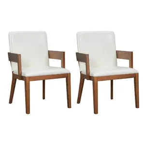 34*23.4*22.75 Inch Set of 2 Modern Dining Chairs, Walnut Finish Rubberwood Frame White Glossy PU Leather Upholstered Chairs, High-Density Foam Ergonomic Lumbar Support Leisure Accent Chairs Easy Assembly
