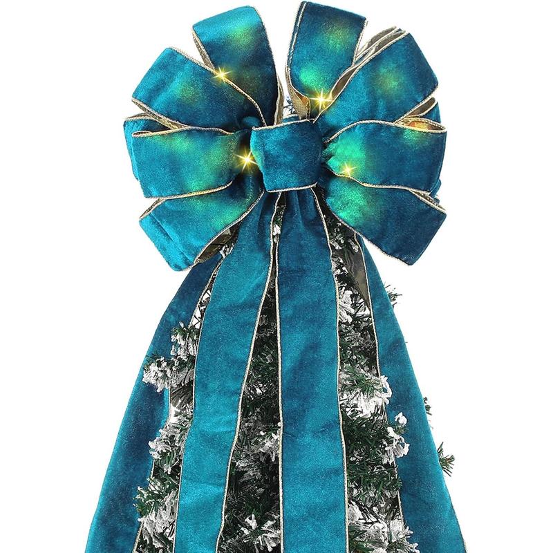 Velvet Large Christmas Tree Topper Bow 12.6 x 118 Inch Lighted up Double Side Velvet Christmas Bow with 4 x 3 Yards Ribbon Streamers for Holiday Xmas Tree Party Decoration(Turquoise)